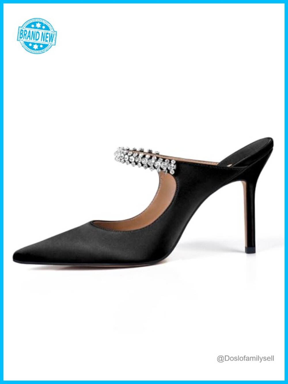 XINIUNIU Heeled Mules Rhinestone Satin Pointed Toe Slip On 4 Inch Stiletto Pump